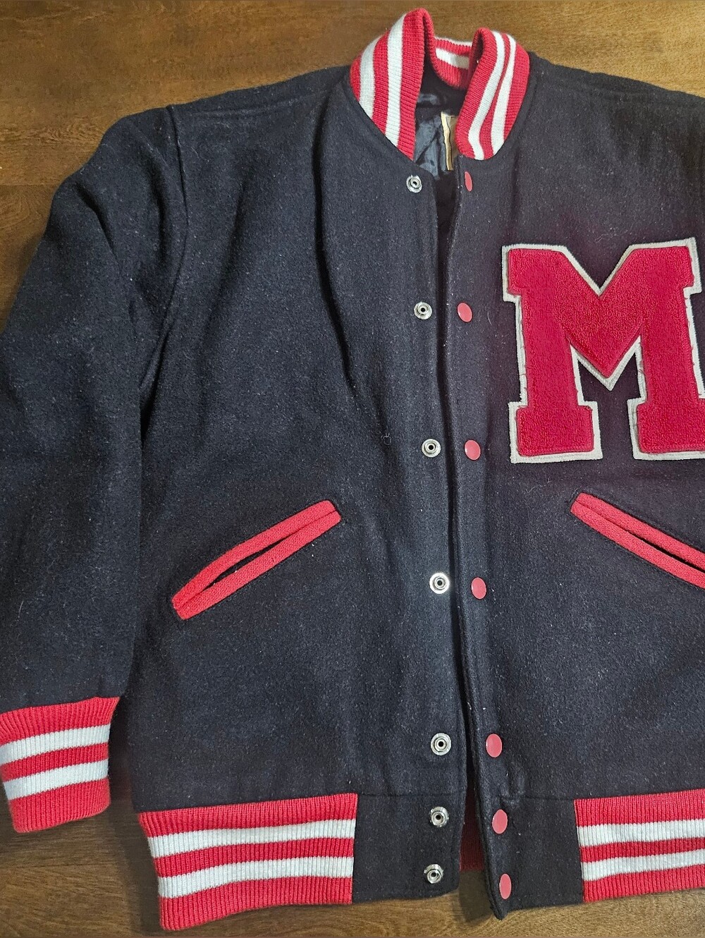 Vintage Adult Varsity Letterman Jacket Black with Red 'M' Patch Size XS